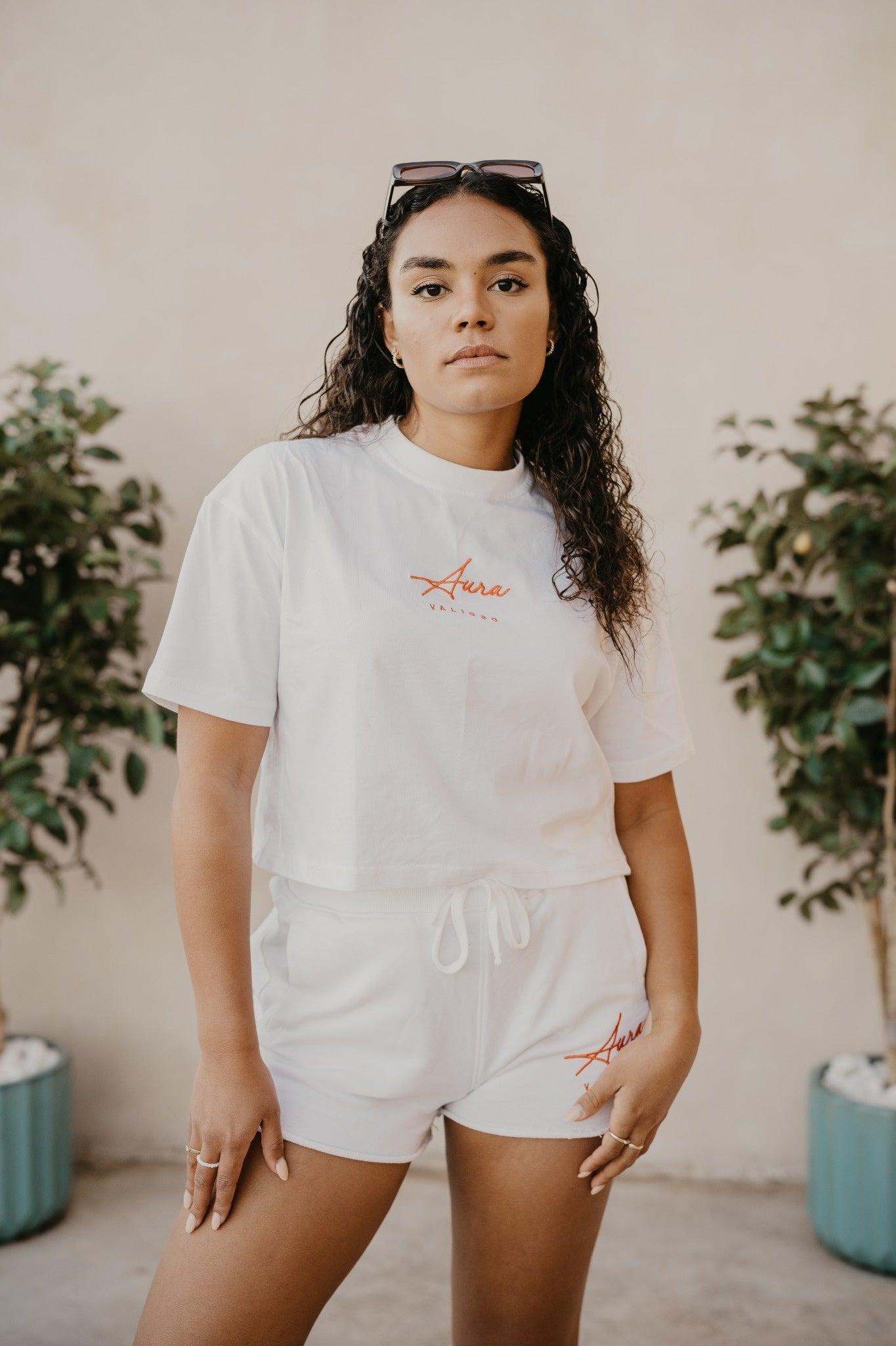 Aura Crop Tee – White Red Stitch